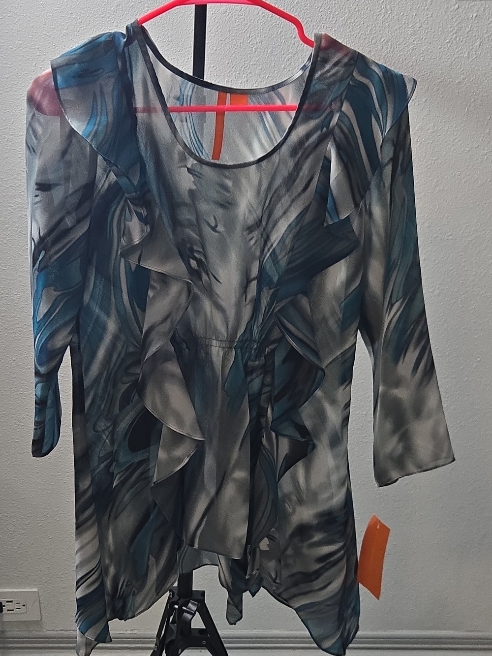 Always Sheer Ruffle Blouse - Teal, Gray & Black